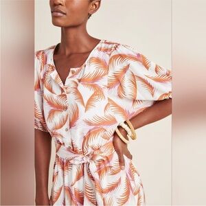 Anthropologie Nicole Palm Leaf Linen Blend Puff Sleeve Dress Medium